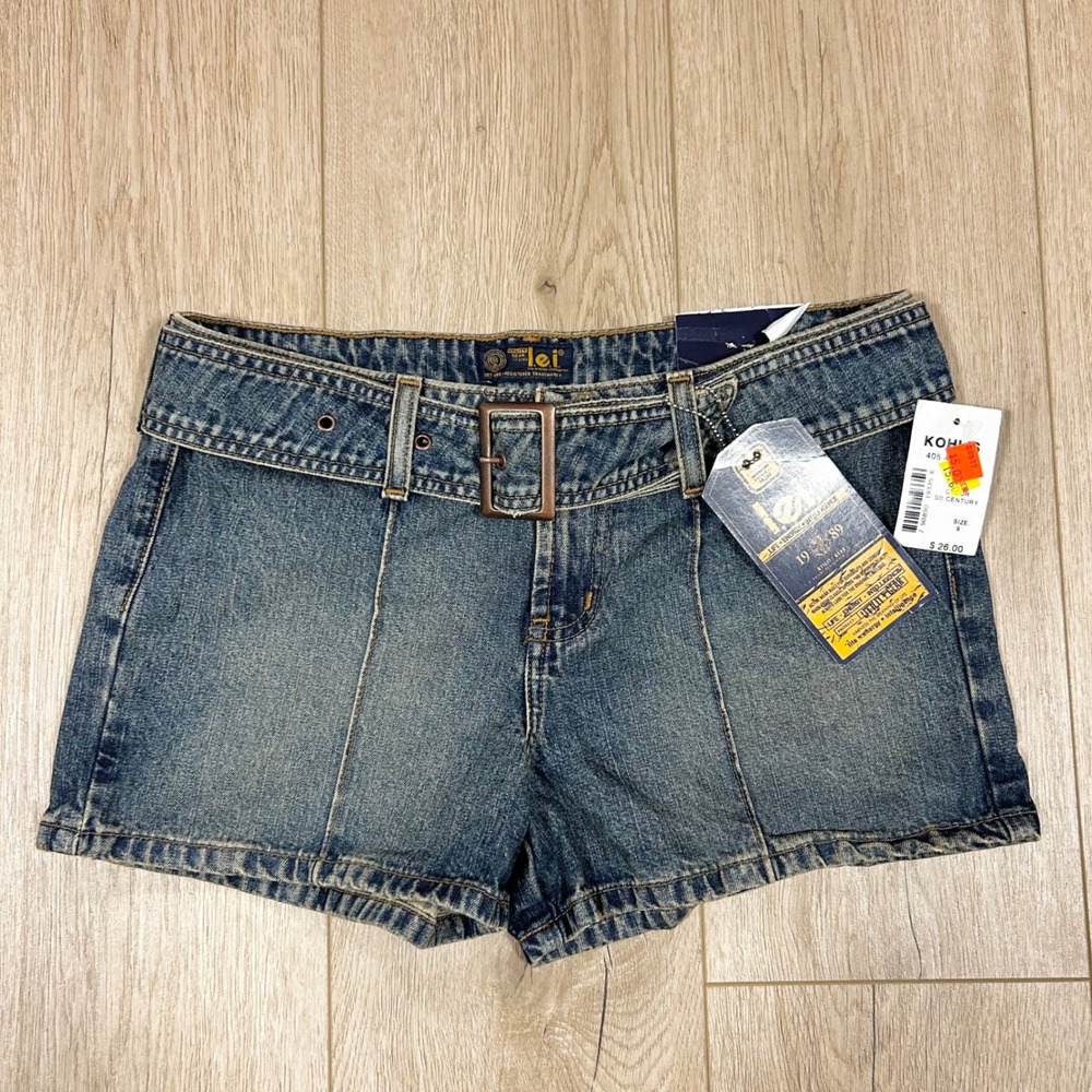 LEI Utility Gear Vintage Y2K Belted Denim mini Shorts Size 9 Medium Wash NEW